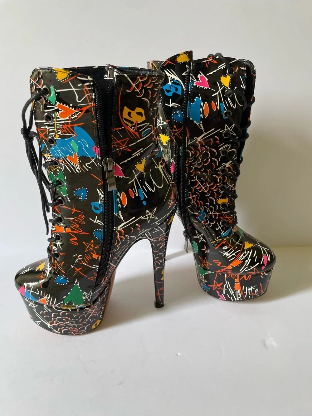 Fun Women’s Platform Graffiti High Heel Stiletto Lace-Up Ankle Booties Size 6 M